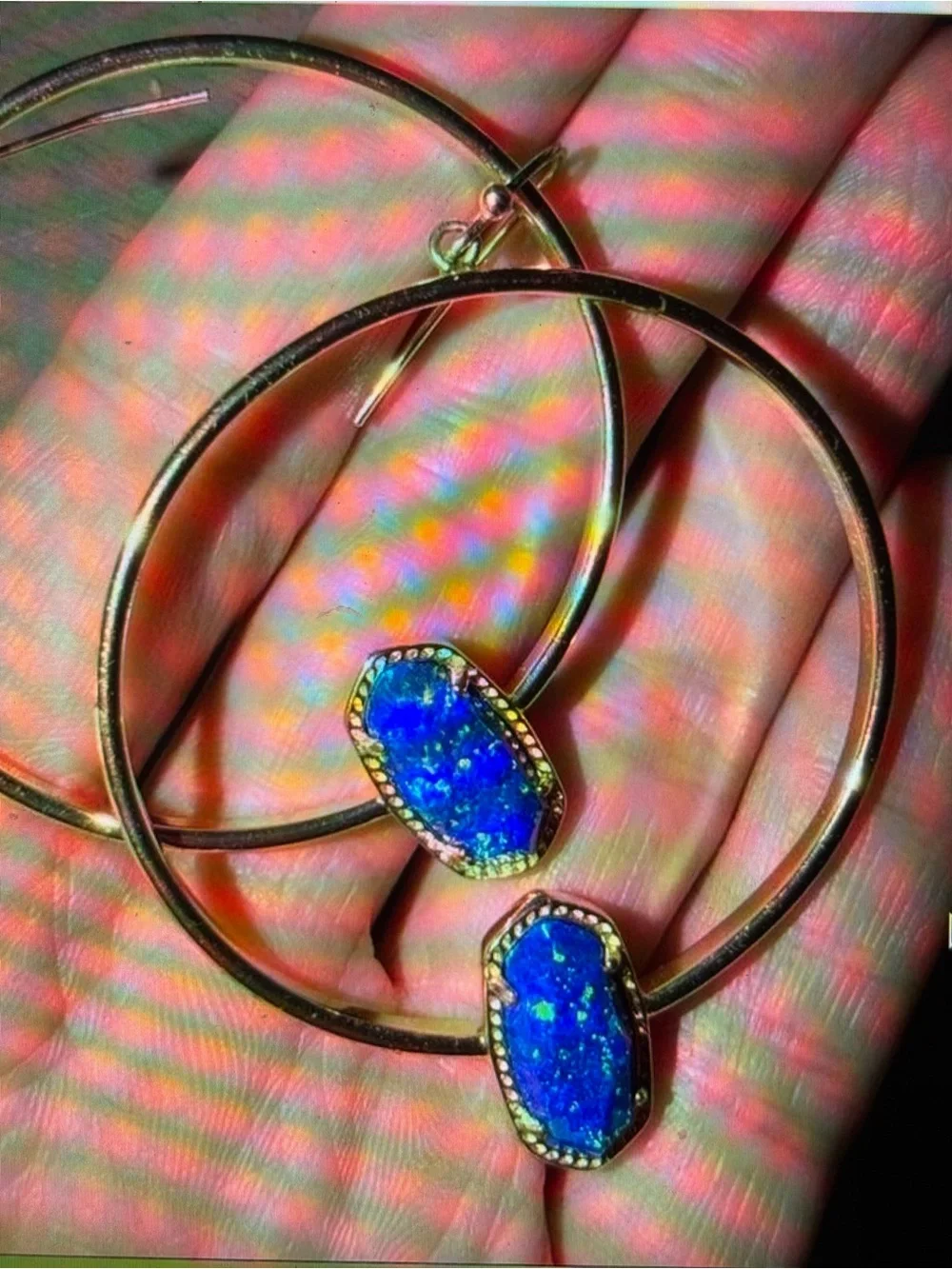 Kendra Scott Gold Hoop Earrings with Bright Blue Opal Stones
